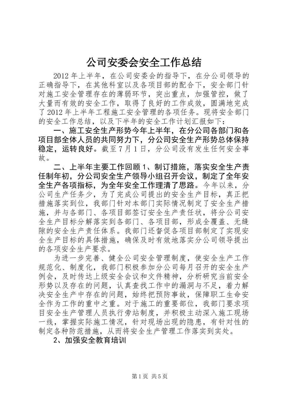 公司安委会安全工作总结 (2)_第1页