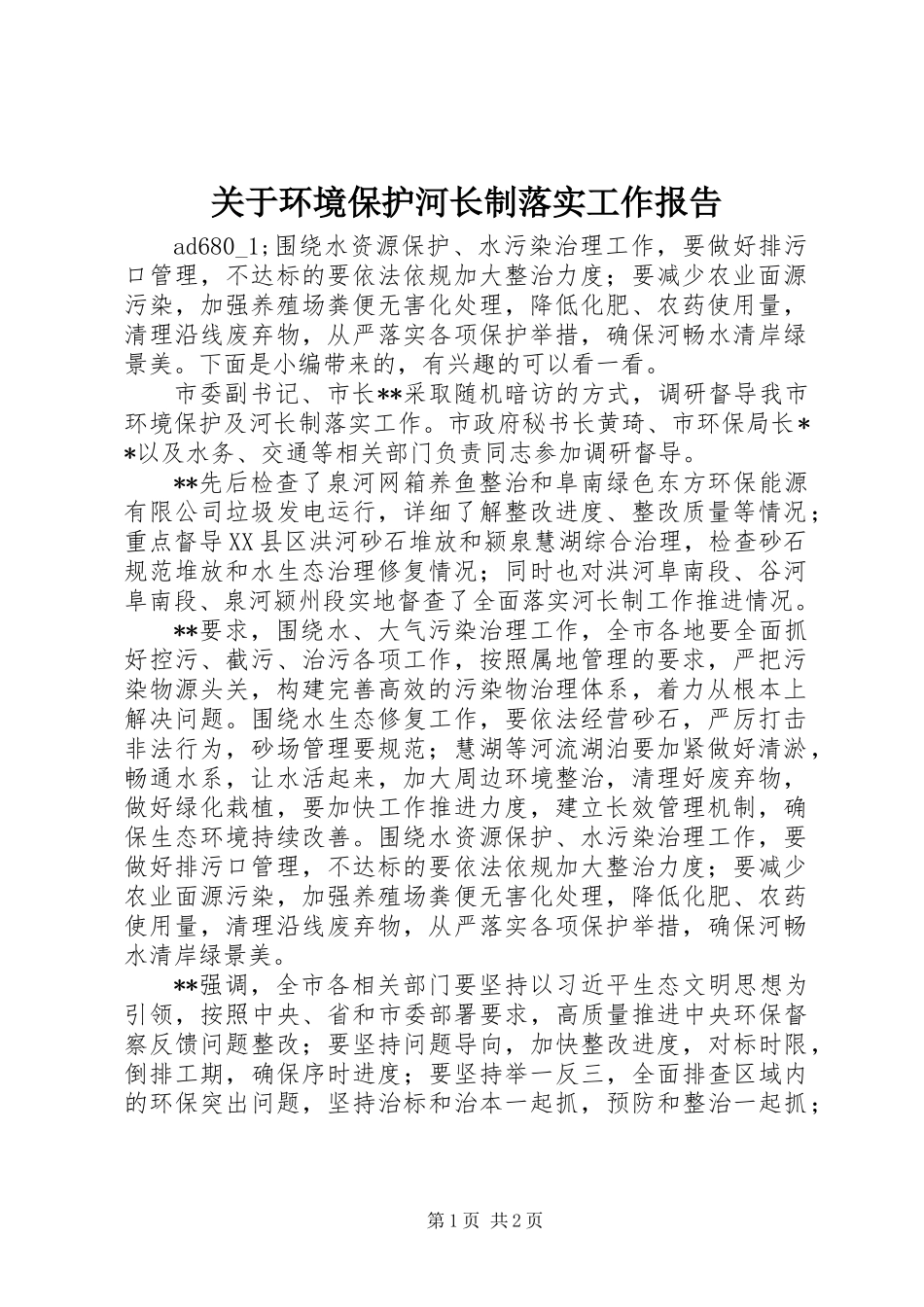 关于环境保护河长制落实工作报告_第1页