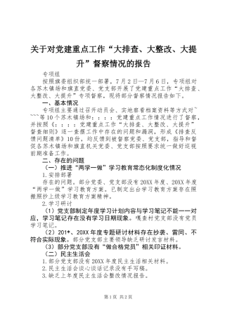 关于对党建重点工作“大排查、大整改、大提升”督察情况的报告