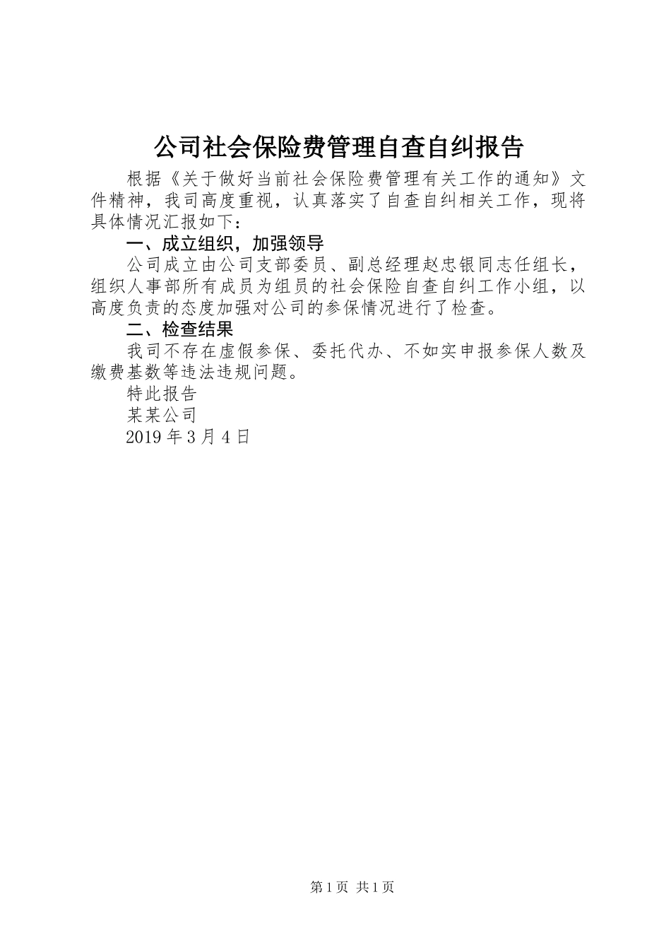公司社会保险费管理自查自纠报告_第1页