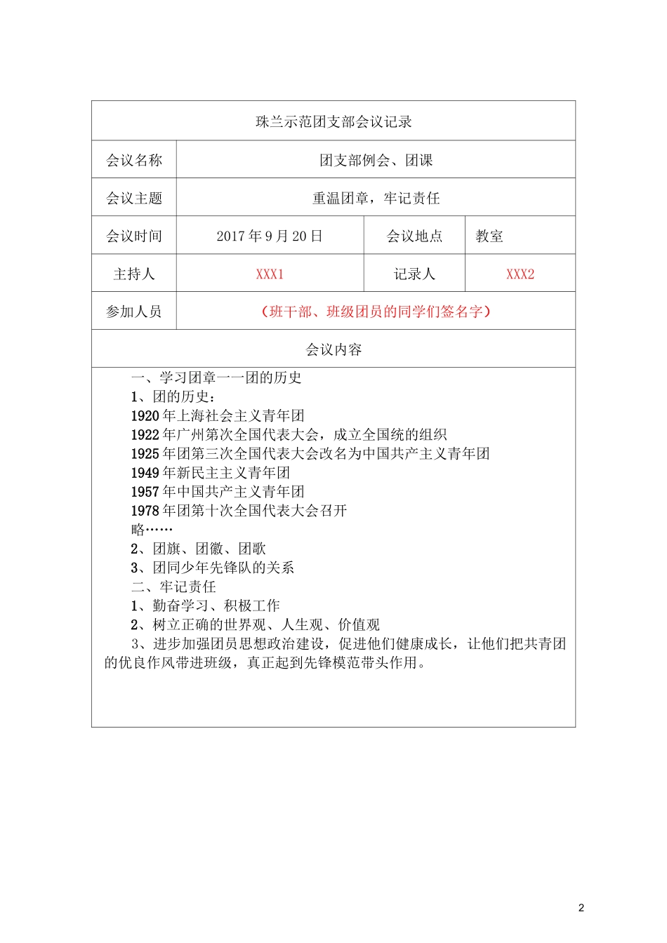 团支部会议记录(珠兰示范)_第2页