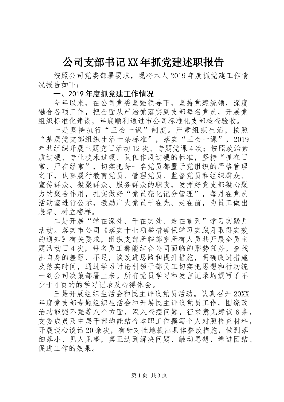 公司支部书记XX年抓党建述职报告_第1页
