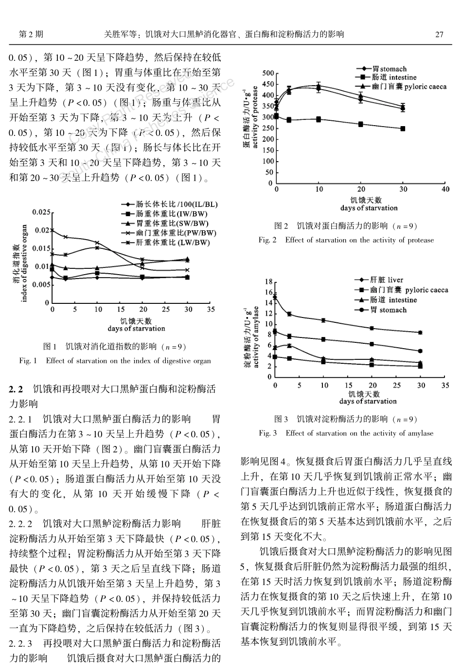 饥饿对大口黑鲈消化器官、蛋白酶与淀粉酶活力的影响_第3页