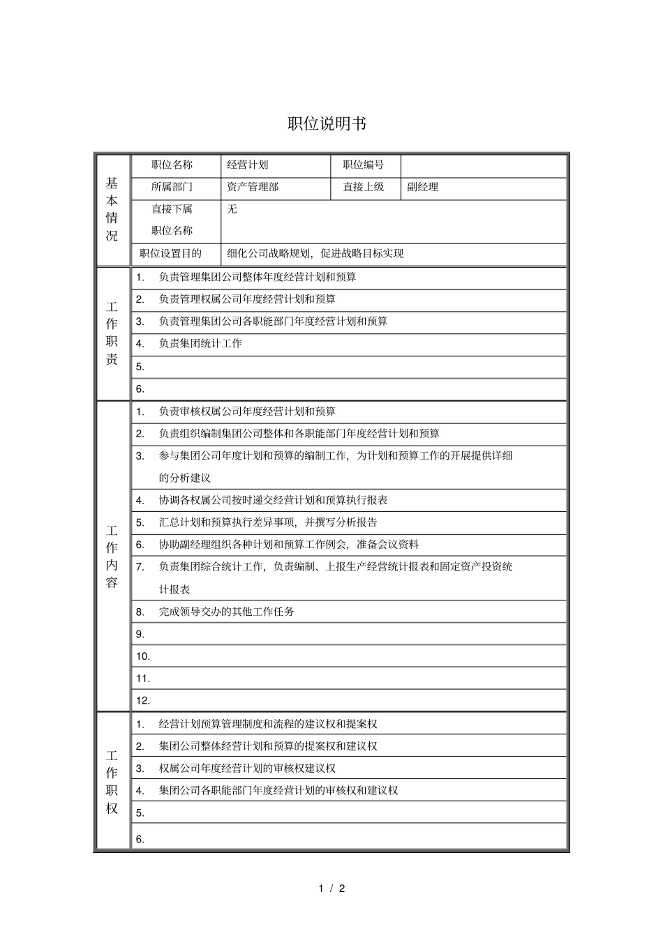 3资产管理部_经营计划_职位说明书_第1页