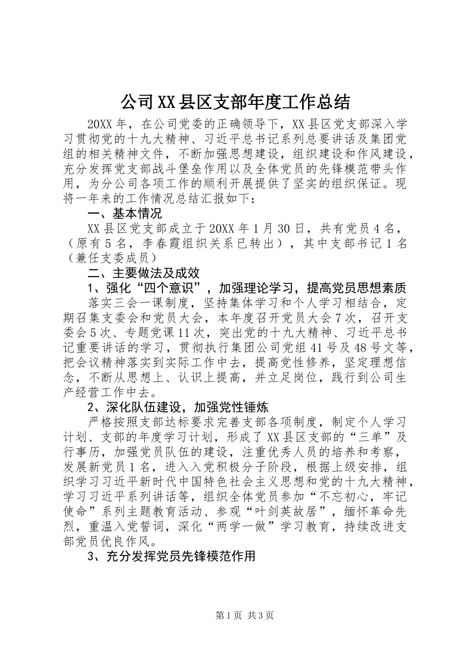公司XX县区支部年度工作总结 (2)_第1页