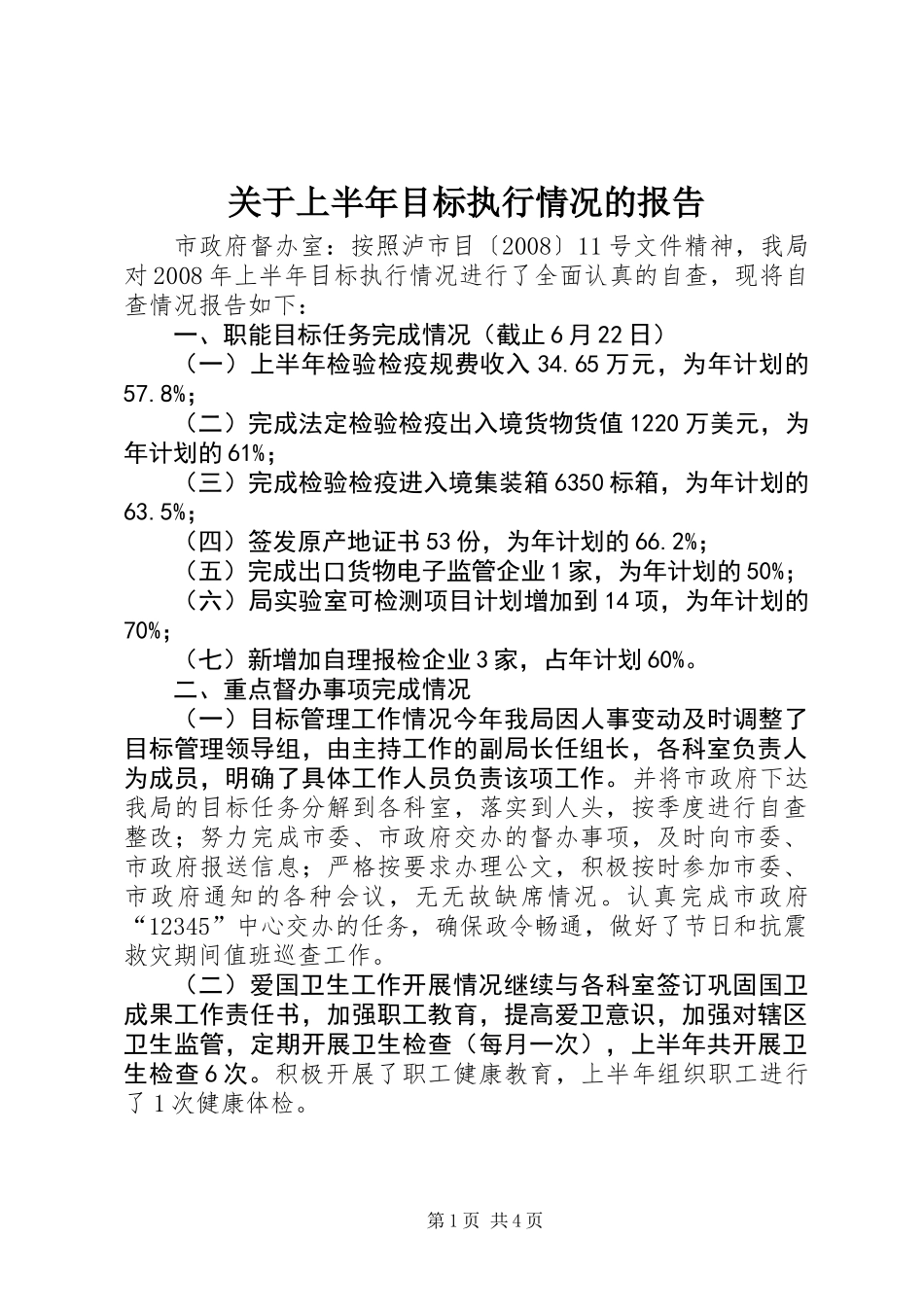 关于上半年目标执行情况的报告_第1页