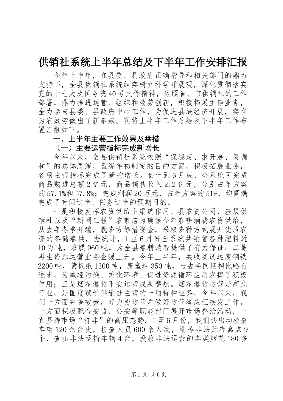 供销社系统上半年总结及下半年工作安排汇报_第1页