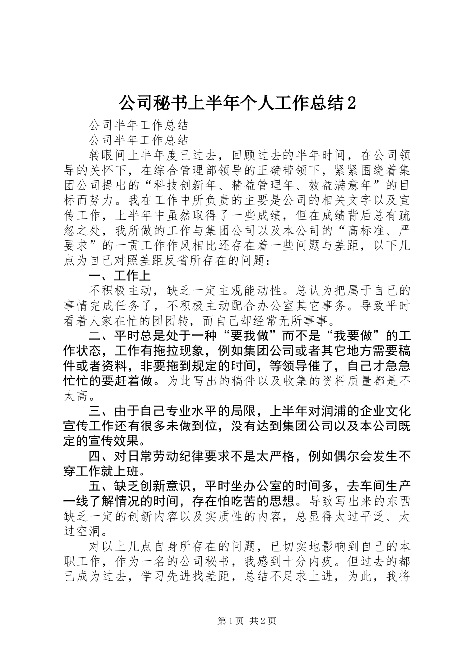 公司秘书上半年个人工作总结2_第1页