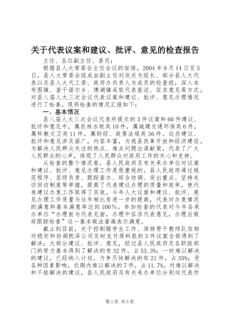 关于代表议案和建议、批评、意见的检查报告