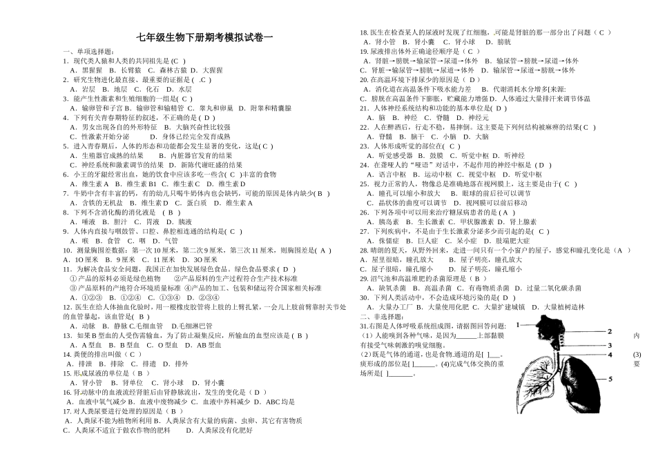 七年级生物下册期考模拟试卷一_第1页