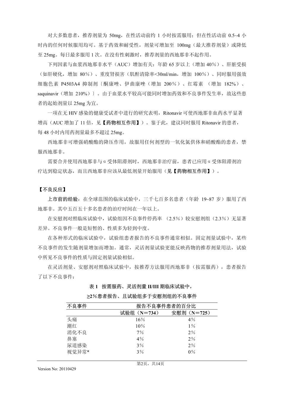 枸橼酸西地那非片说明书20110429(万艾可)_第2页