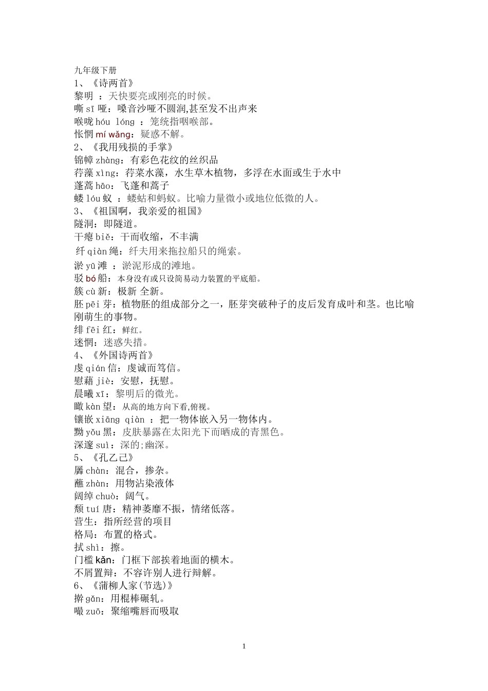 九年级下册重点字词_第1页