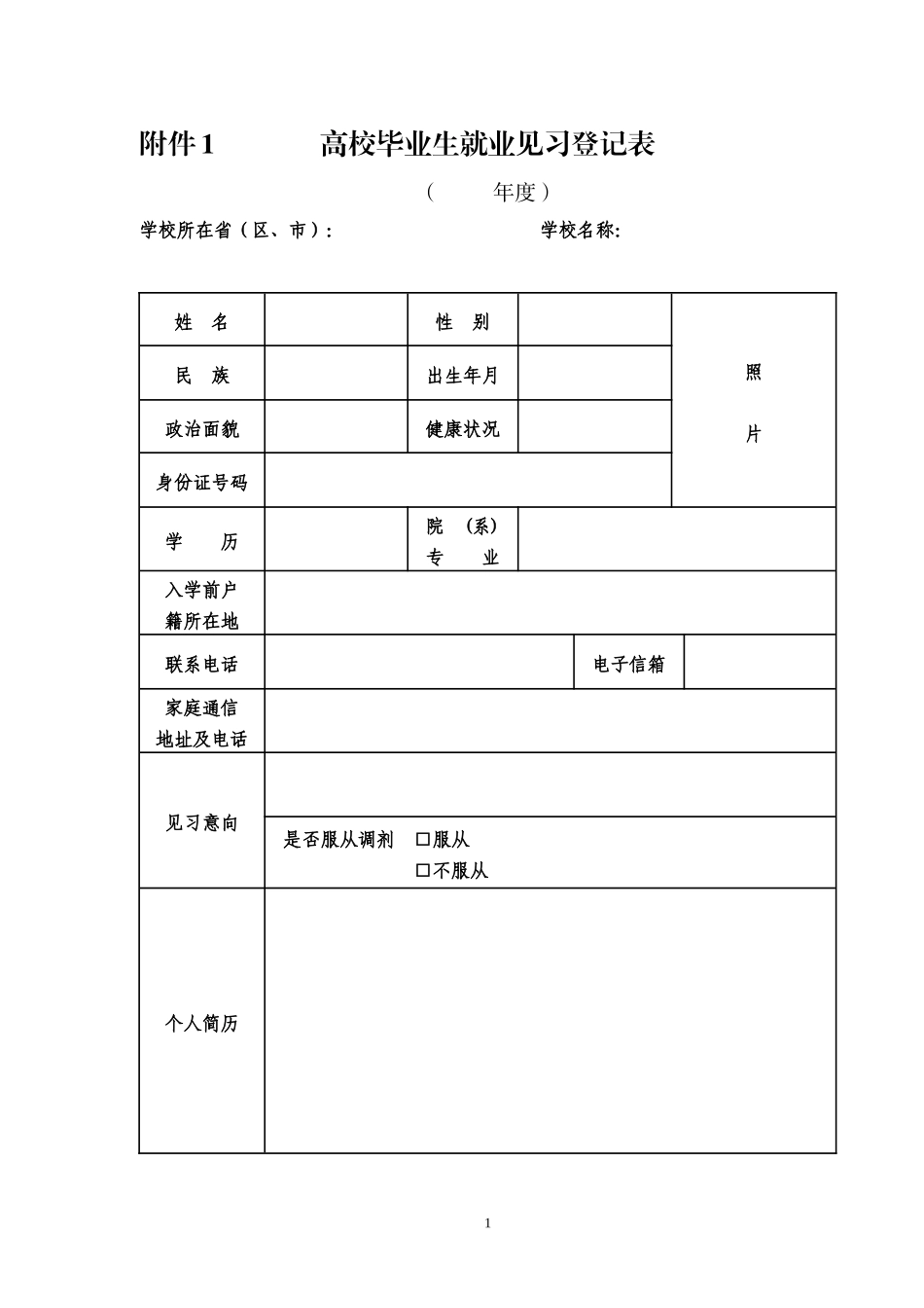 高校毕业生就业见习登记表_第1页