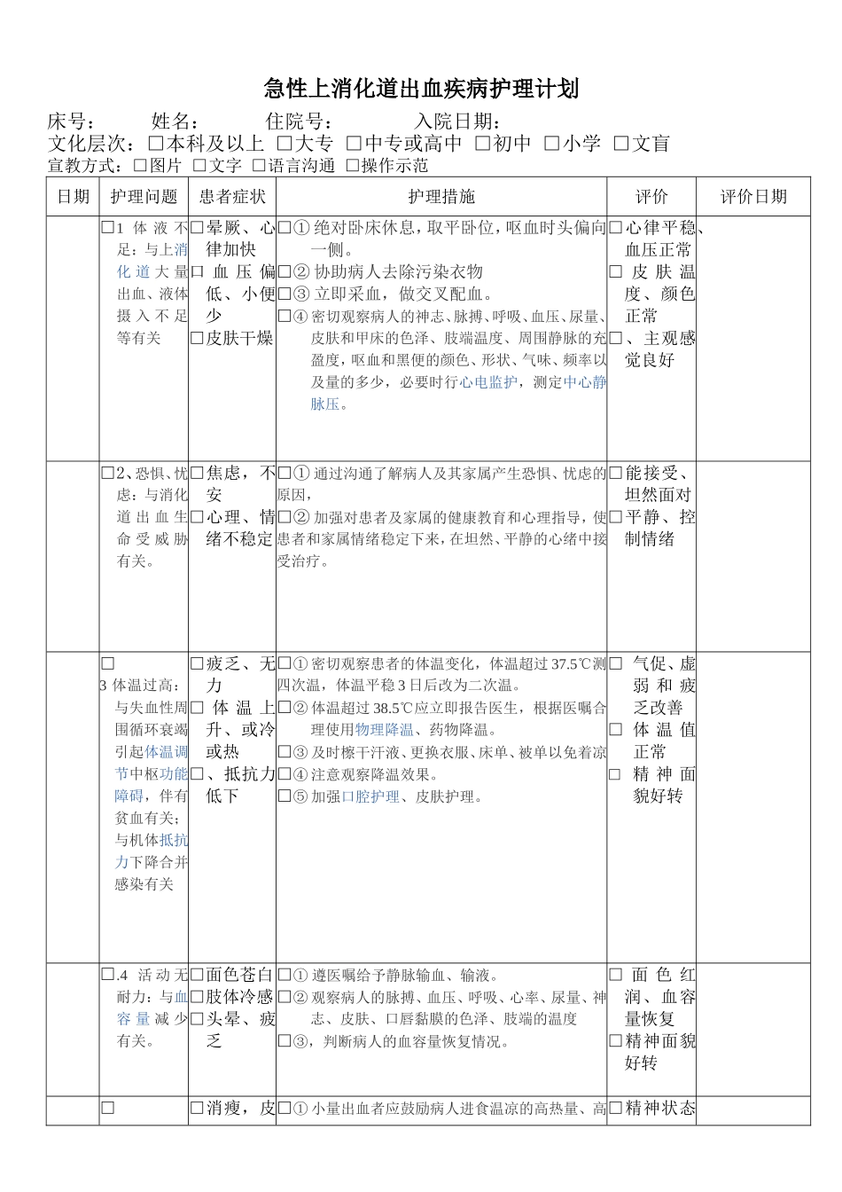 急性上消化道出血疾病护理计划_第1页