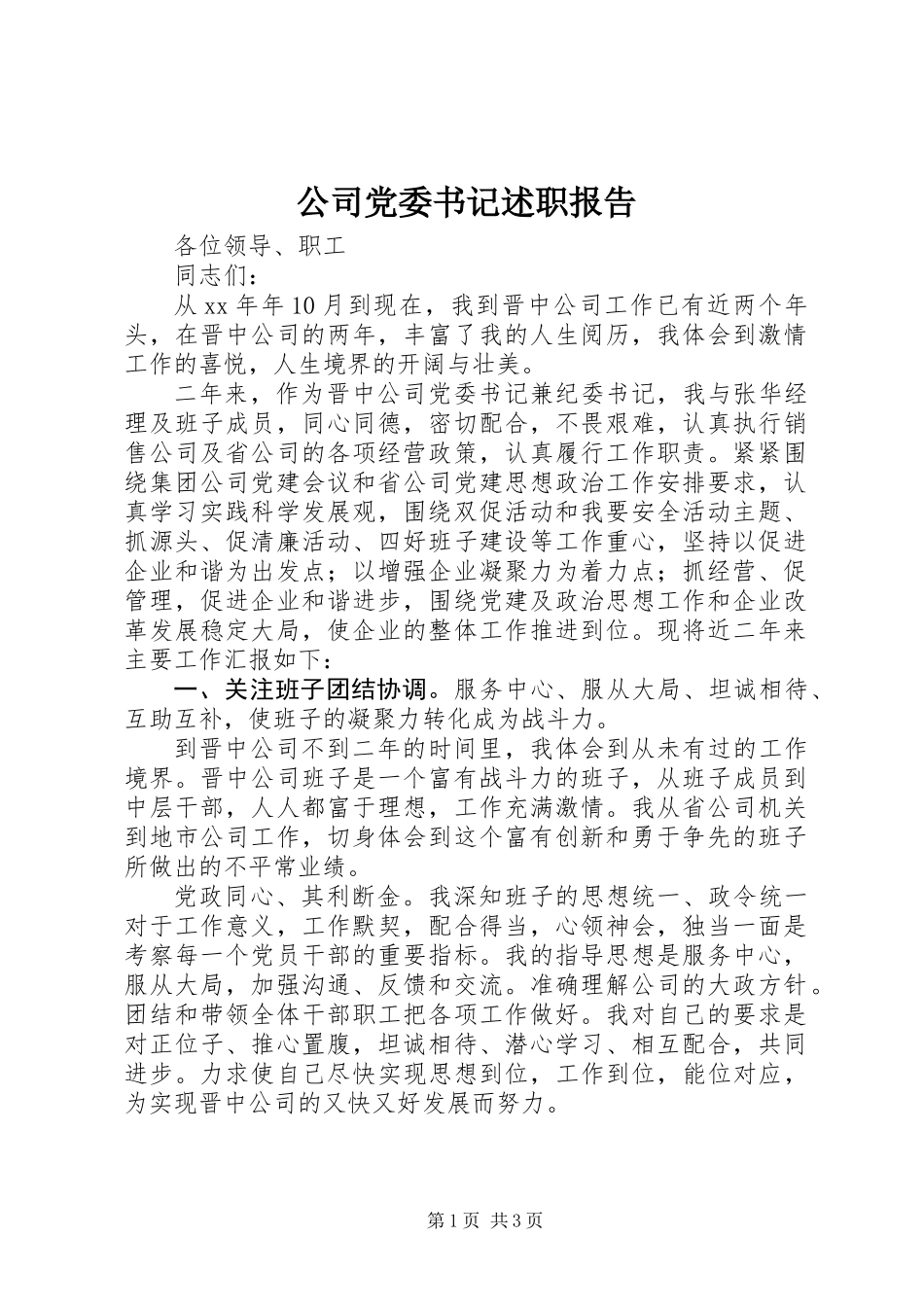 公司党委书记述职报告 (3)_第1页