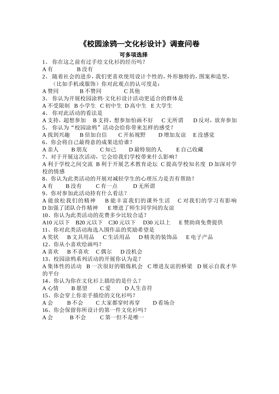 《校园涂鸦—文化衫设计》调查问卷_第1页