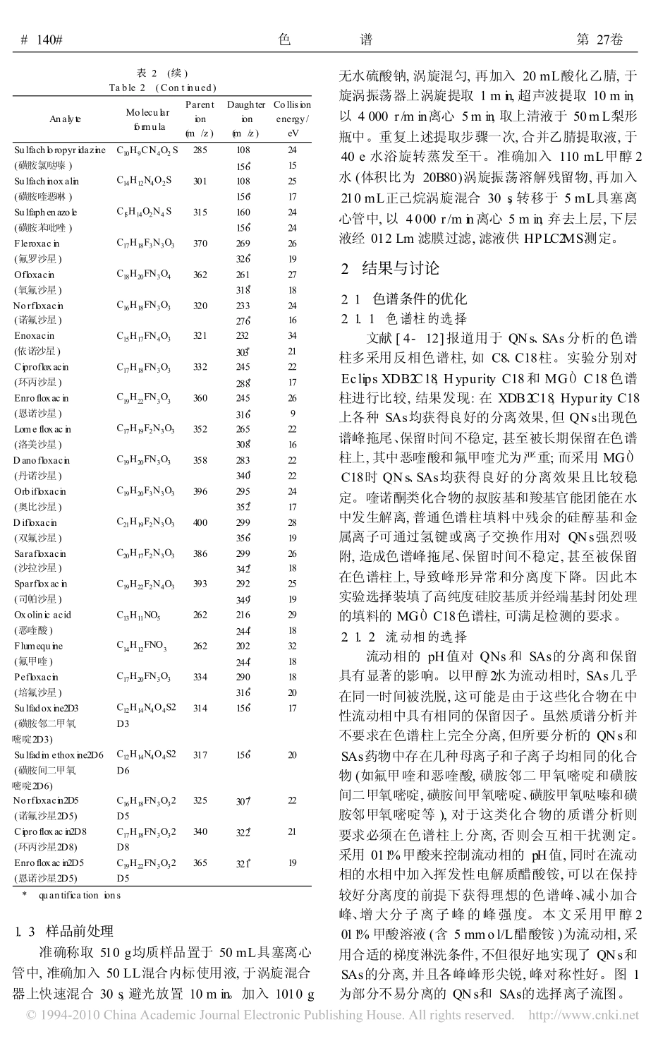 高效液相色谱_串联质谱法同时测定鳗鱼和虾中残留的33种喹诺酮和磺胺类药物_第3页