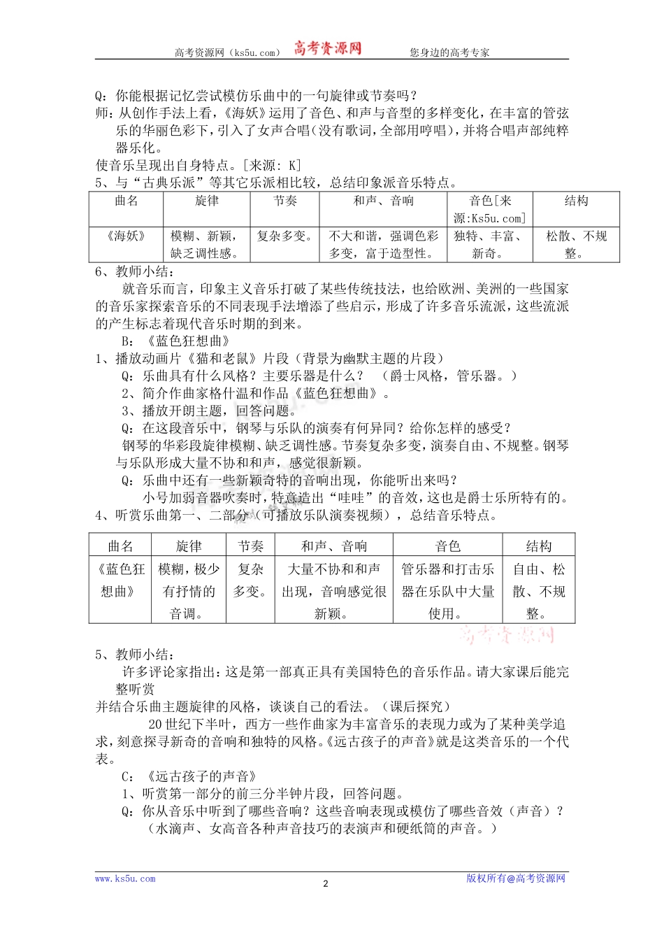高一音乐教案：从印象走向现代教案_第2页