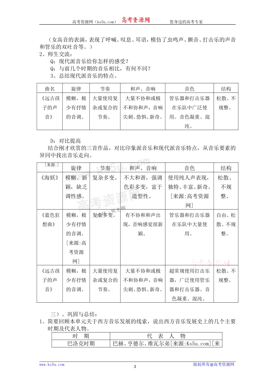 高一音乐教案：从印象走向现代教案_第3页