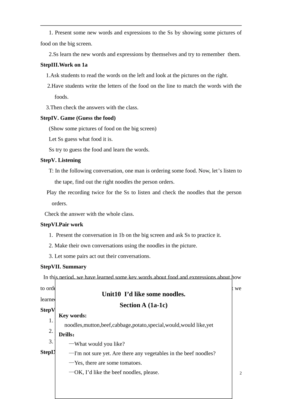 【七年级英语下册】Unit_10_I’d_like_some_noodles教案_(新版)人教新目标版_第2页
