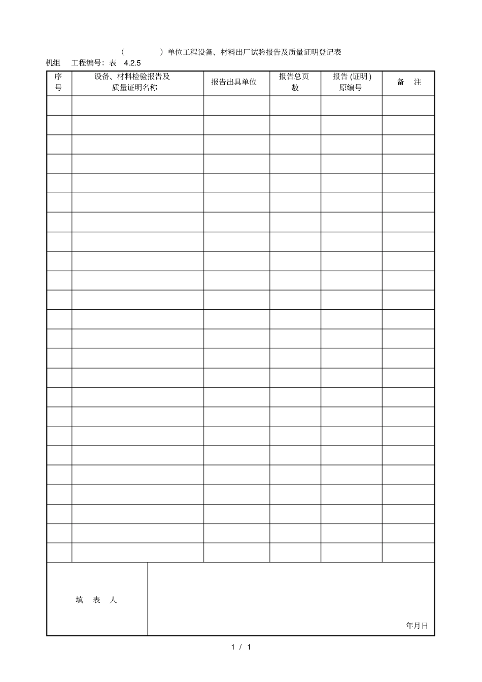 4单位工程设备、材料出厂试验报告及质量证明登记表_第1页