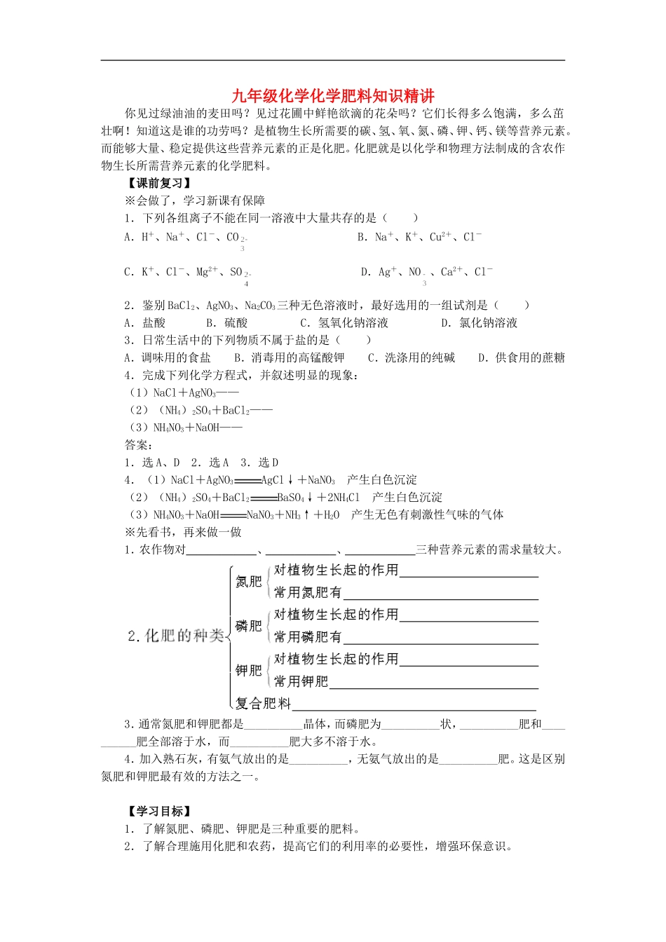 九年级化学化学肥料知识精讲_第1页