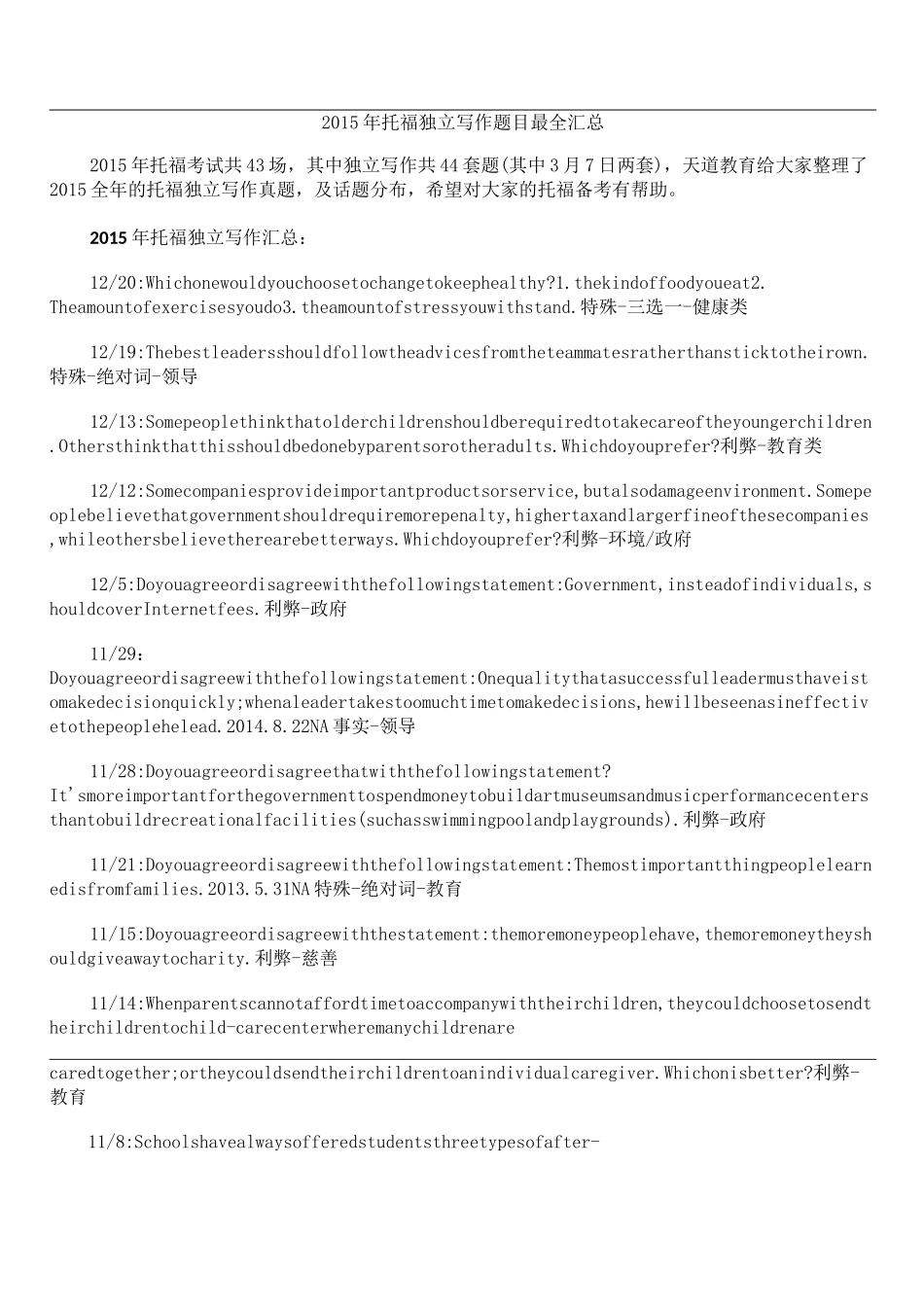 托福独立写作题目最全汇总_第1页