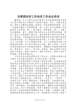 共青团农村工作动员工作会议讲话