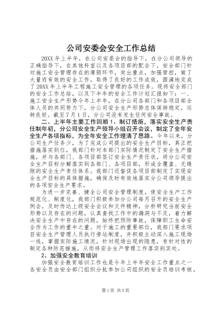 公司安委会安全工作总结