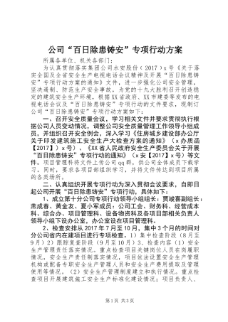 公司“百日除患铸安”专项行动方案