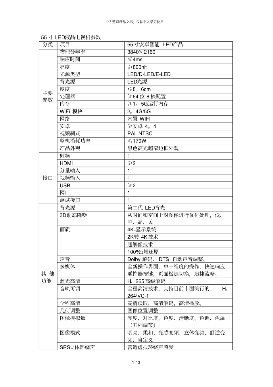 55寸LED液晶电视机参数_第1页