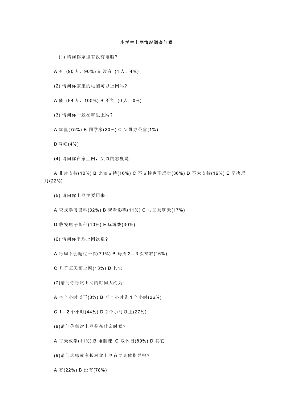 小学生上网情况调查问卷2_第1页