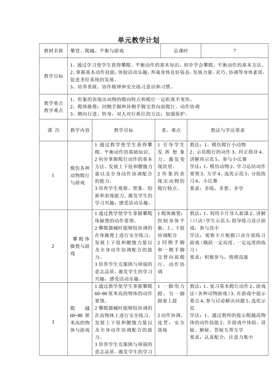 攀登、爬越、平衡与游戏单元教学计划_第1页