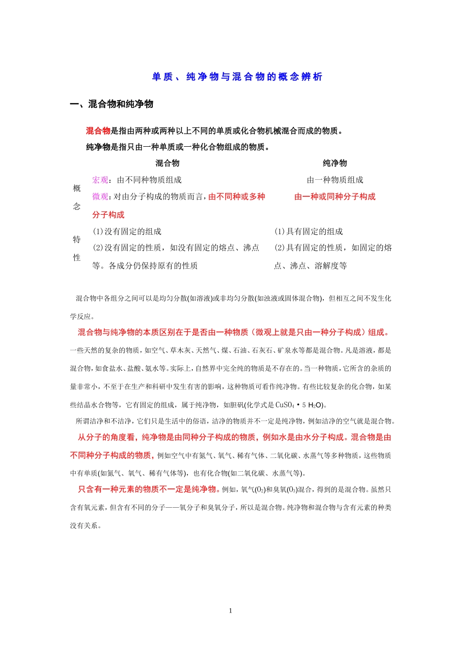 混合物、纯净物、化合物、单质辨析_第1页