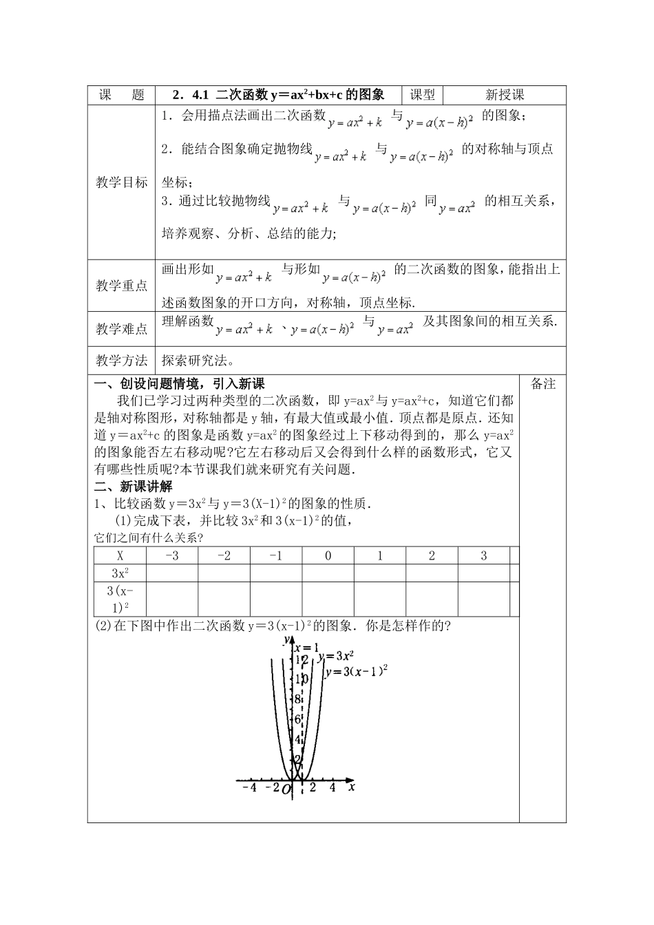 北师大版初中九年级下241二次函数y=ax2+bx+c的图象教案_第1页