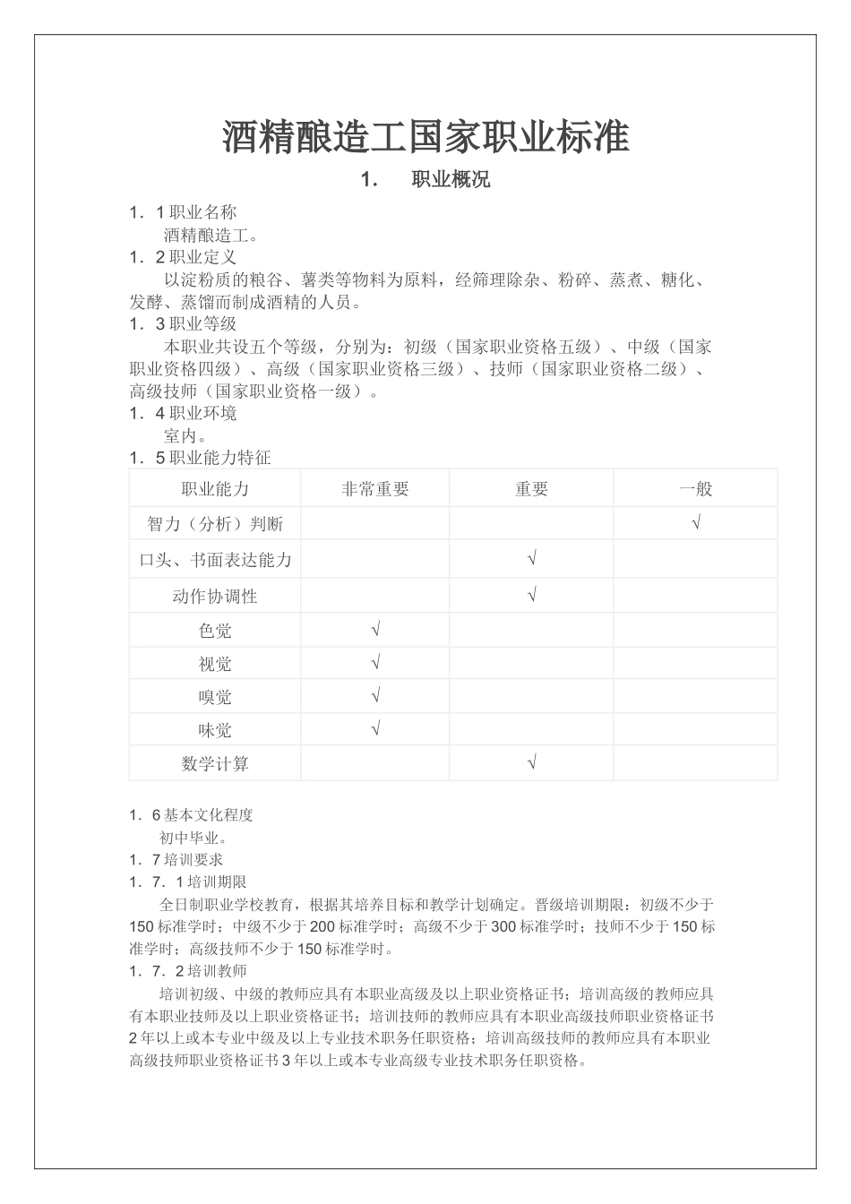 酒精酿造工国家职业标准_第1页