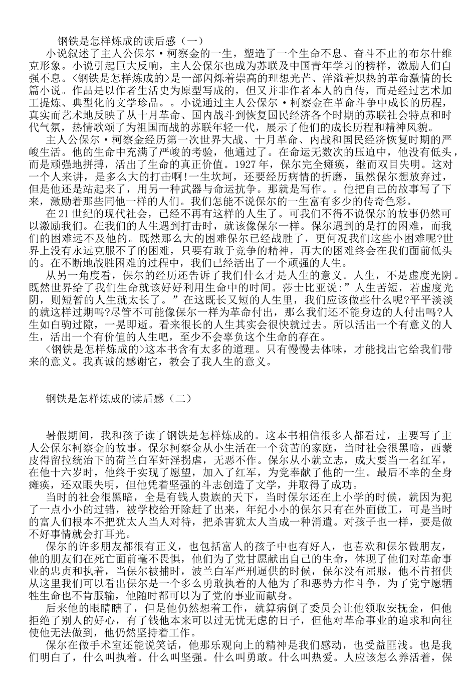 钢铁是怎样炼成的读后感800字800字_第1页