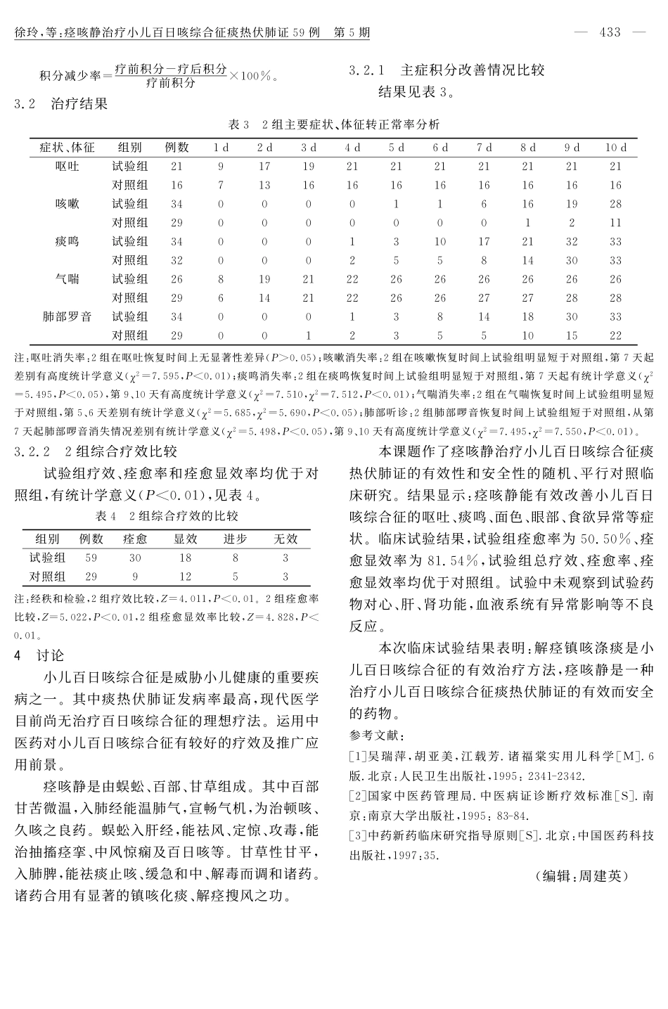 痉咳静治疗小儿百日咳综合征痰热伏肺证59例_第3页