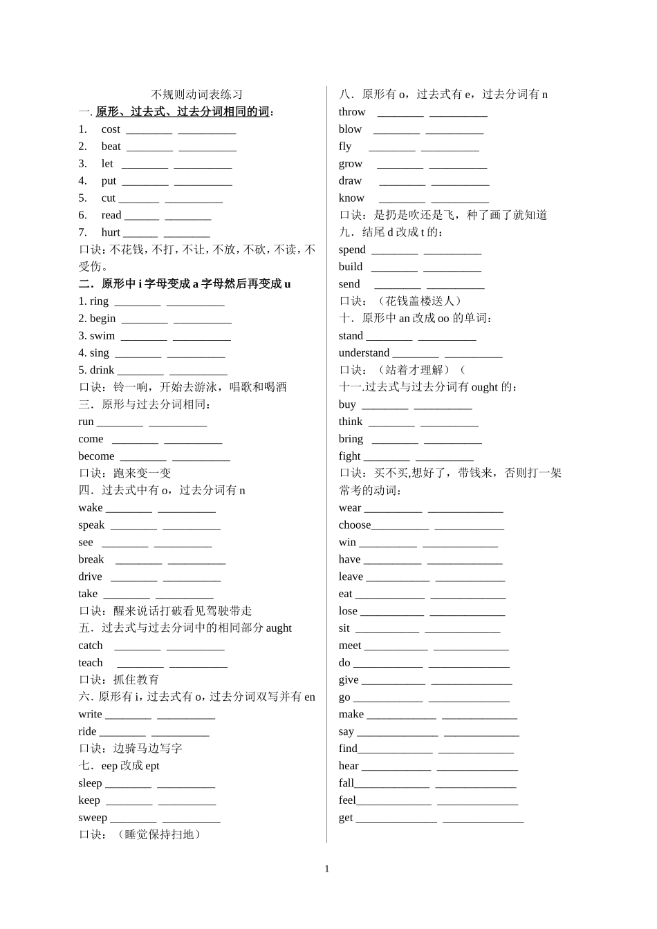 不规则动词表练习题及口诀_第1页