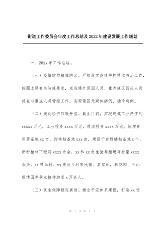 街道工作委员会年度工作总结及2022年建设发展工作规划
