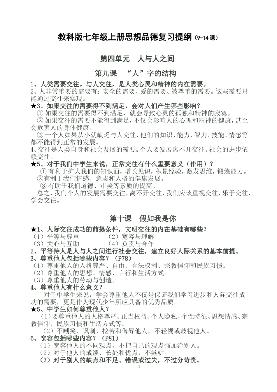 教科版七年级上册思想品德复习提纲（9-14课）(1)_第1页