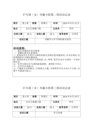 乒乓球课时记录表