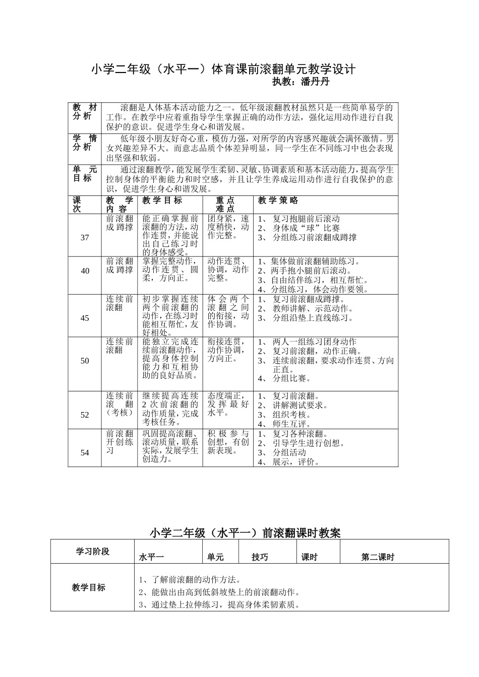 小学二年级体育课前滚翻单元教学及课时教学设计_第1页
