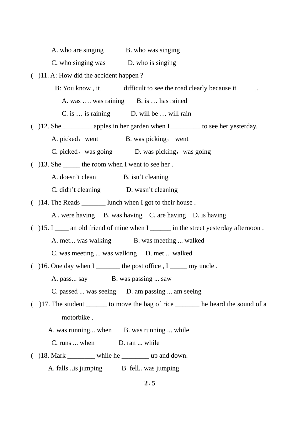 语法专项：过去进行时专项练习_第2页