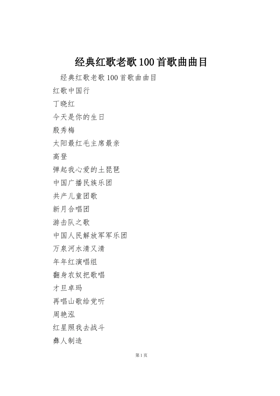 经典红歌老歌100首歌曲曲目_第1页