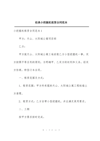 经典小挖掘机租赁合同范本
