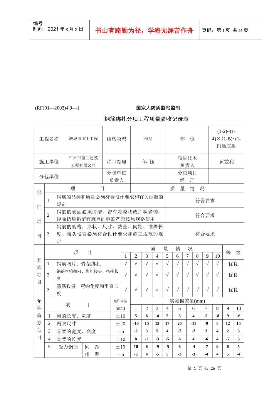 钢筋绑扎分项工程质量验收表_第1页