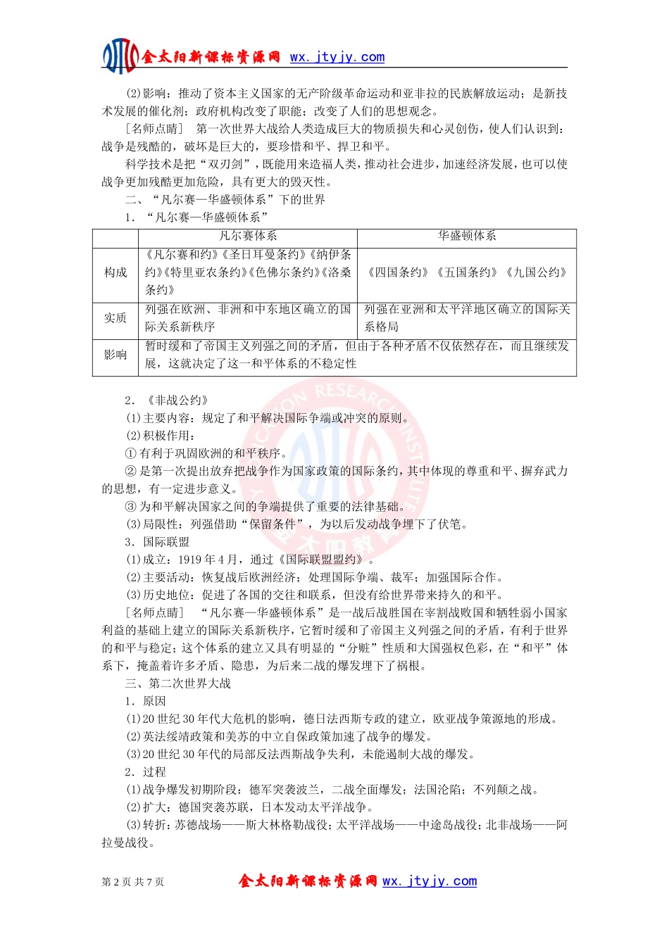 2013届历史高考二轮复习精品学案：第16讲　战争风云，历史启迪20世纪的战争与和平_第2页