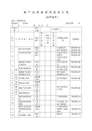 APQP全套表单新产品质量策划进度计划
