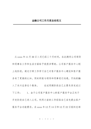 金融公司工作月度总结范文